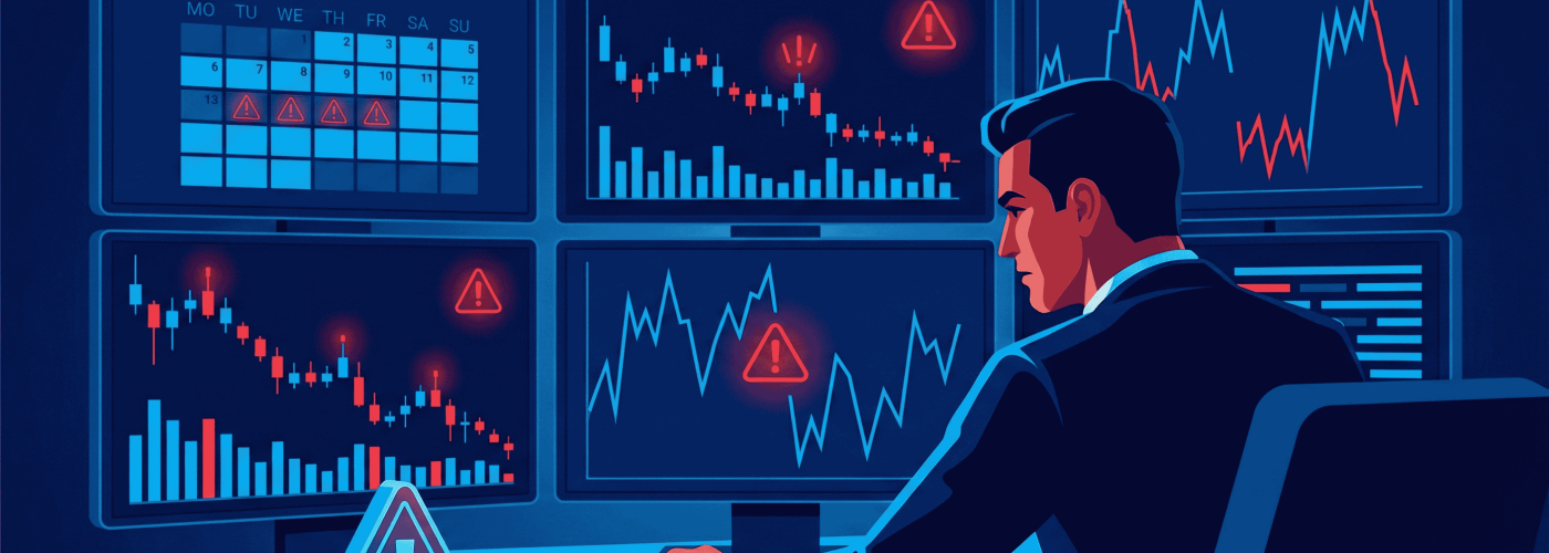 Trader analisando gráficos em dezembro com alertas sobre os 5 erros que destroem contas no fim de ano