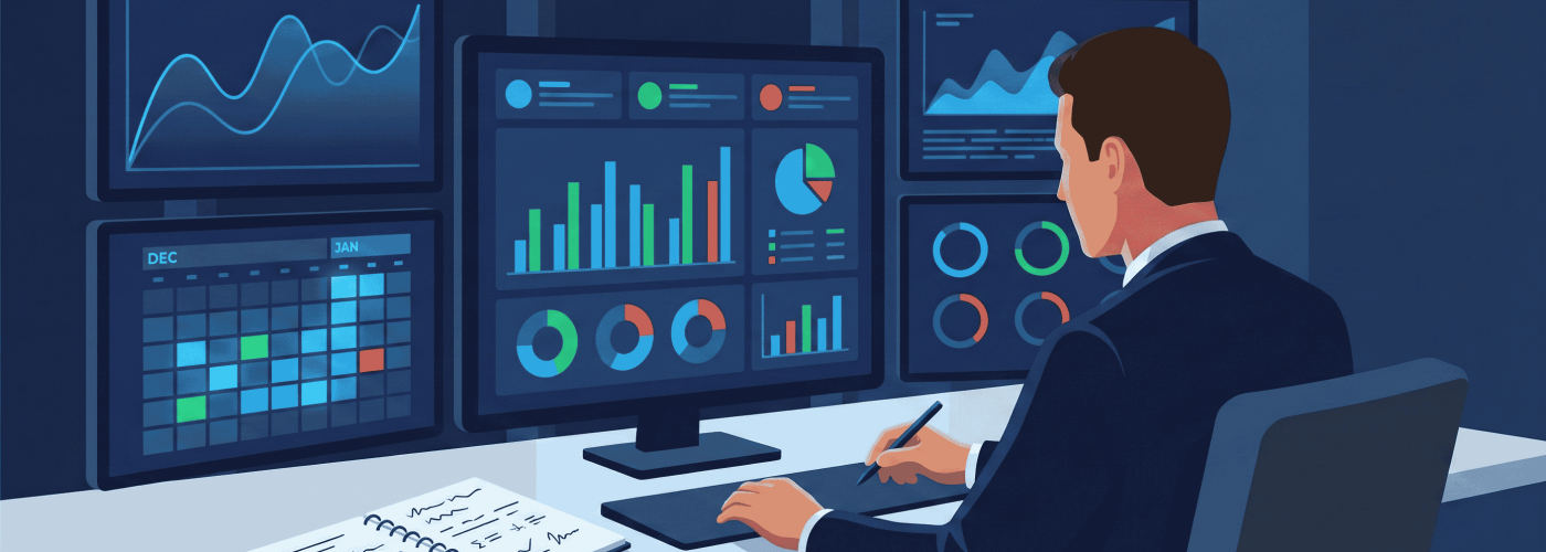 Trader analisando dados de performance 2025 em múltiplas telas com gráficos de curva de capital e métricas para planejamento 2026