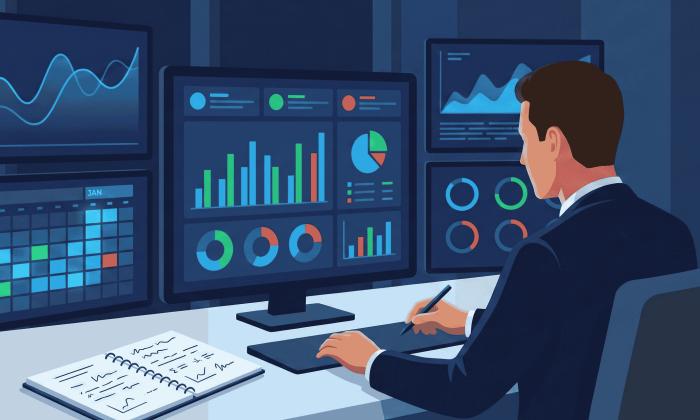Trader analisando dados de performance 2025 em múltiplas telas com gráficos de curva de capital e métricas para planejamento 2026