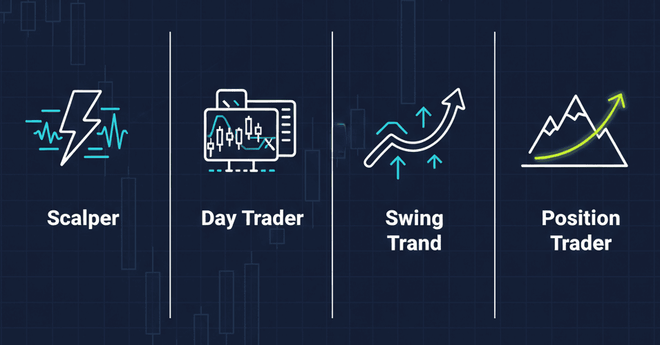 Infográfico ilustrando os 4 tipos de traders profissionais: scalper (ultra-curto prazo), day trader (intradiário), swing trader (dias/semanas) e position trader (meses/anos), com ícones representativos
