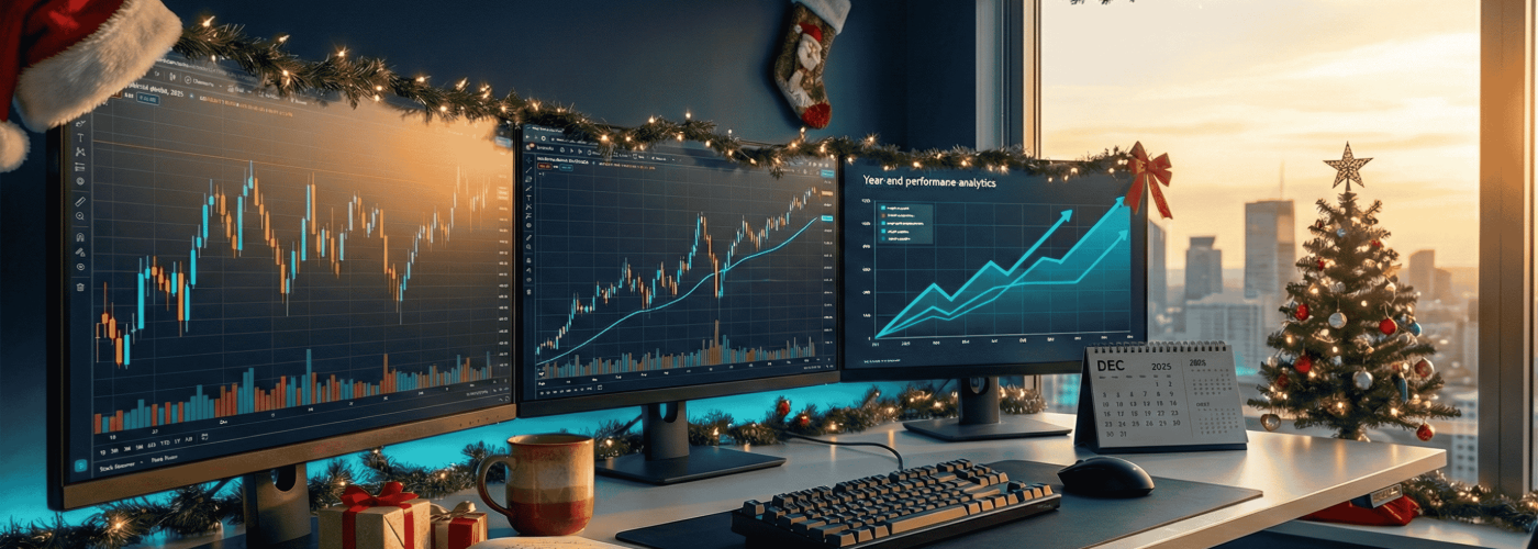 Trader refletindo sobre lições aprendidas em 2025 com gráficos e anotações de trading ao fundo