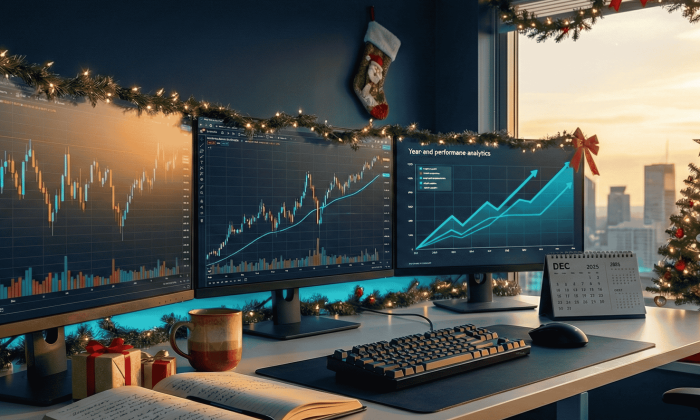 Trader refletindo sobre lições aprendidas em 2025 com gráficos e anotações de trading ao fundo