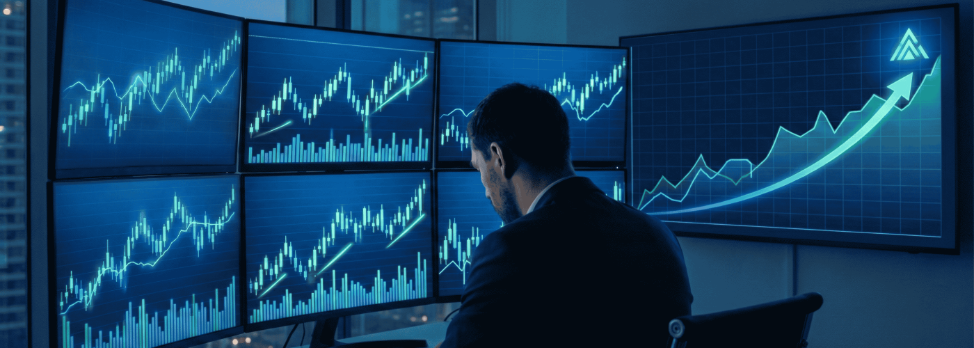 Trader operando day trade com gráfico do Ibovespa mostrando projeção de 200 mil pontos e análise de volatilidade intraday