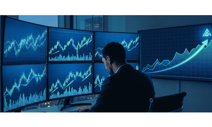 Trader operando day trade com gráfico do Ibovespa mostrando projeção de 200 mil pontos e análise de volatilidade intraday