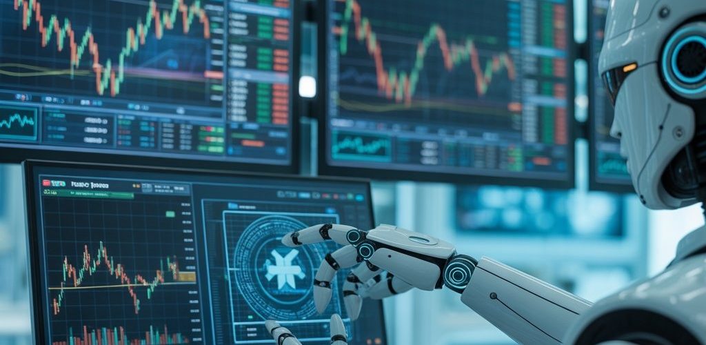 Trader monitorando operações automatizadas em mesa proprietária com gráficos de trading ao fundo