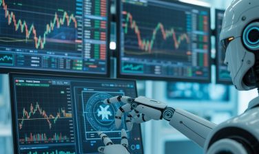 Trader monitorando operações automatizadas em mesa proprietária com gráficos de trading ao fundo