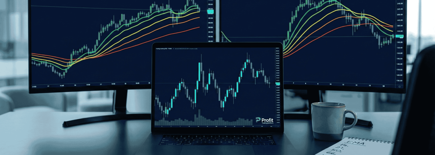 Gráfico de trading mostrando Moving Average Ribbon configurado na plataforma Profit com múltiplas médias móveis em tendência de alta para day trade no mini-índice