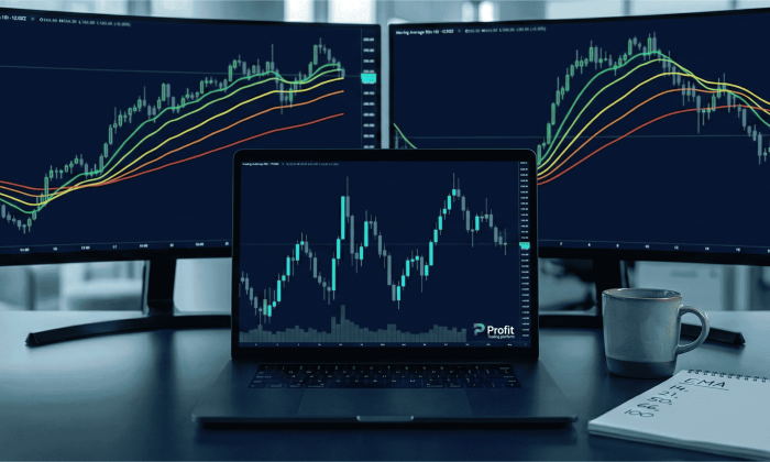 Gráfico de trading mostrando Moving Average Ribbon configurado na plataforma Profit com múltiplas médias móveis em tendência de alta para day trade no mini-índice