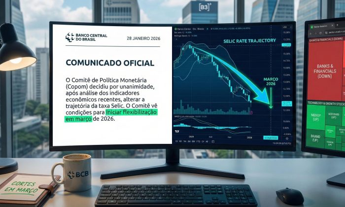 Trader analisando comunicado do Copom que sinalizou cortes da Selic em março 2026 com gráficos mostrando transição de juros altos para ciclo de flexibilização monetária