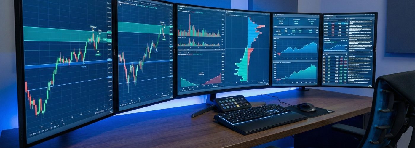 Trader operando estratégias de day trade em mesa proprietária com gráficos de mini índice WIN e mini dólar WDO mostrando setups de entrada e saída com gestão de risco