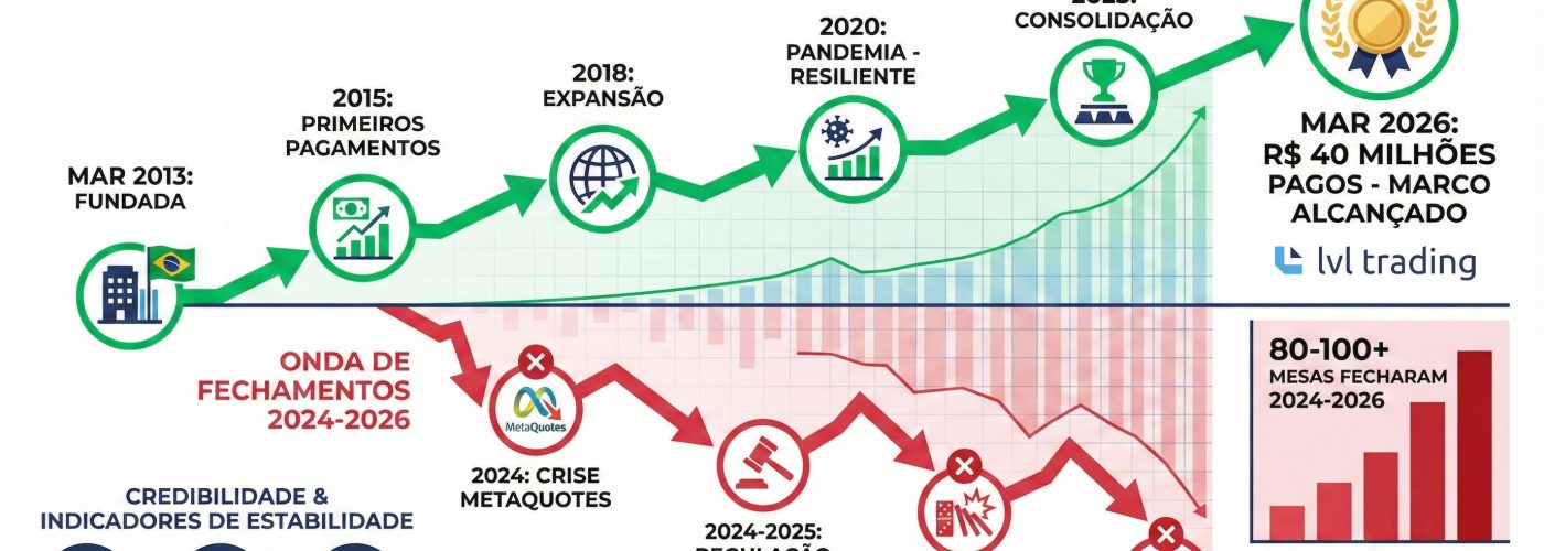 Timeline mostrando fechamento de 80-100 mesas proprietárias entre 2024-2026 contrastando com LVL Trading completando 14 anos em março 2026 com R$ 40 milhões pagos
