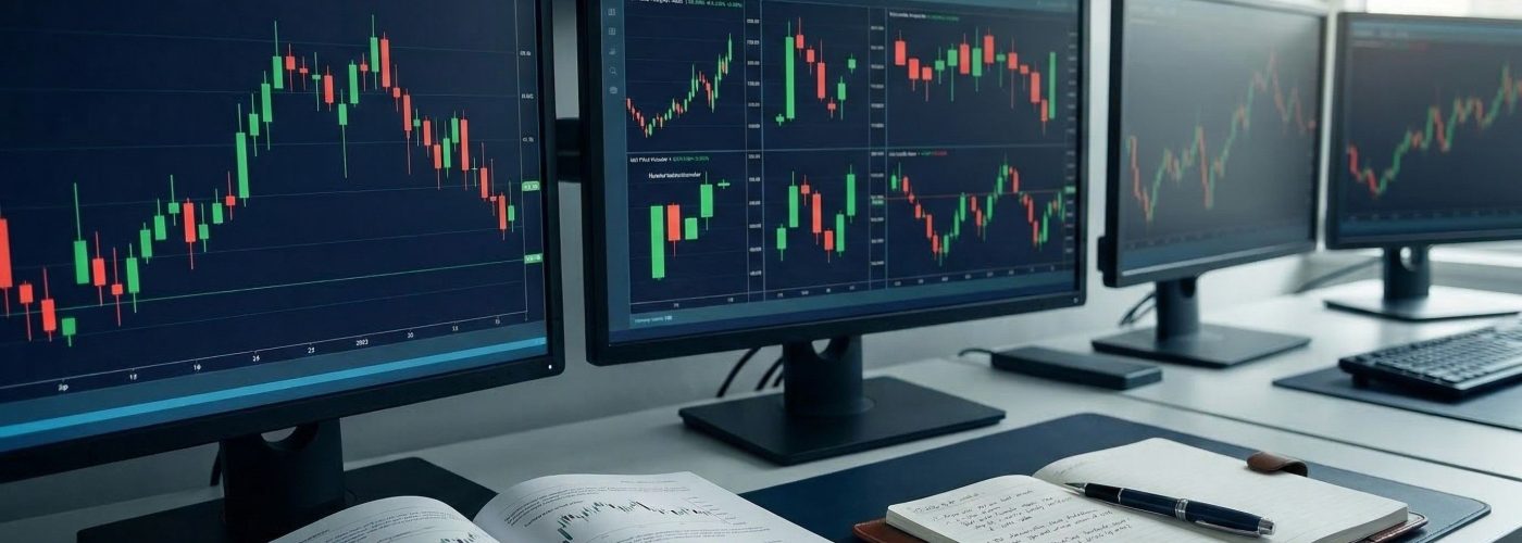 Mesa de trading profissional com gráficos candlestick em telas mostrando análise técnica day trade, livro de análise gráfica aberto, caderno de anotações e caneta para registro de operações