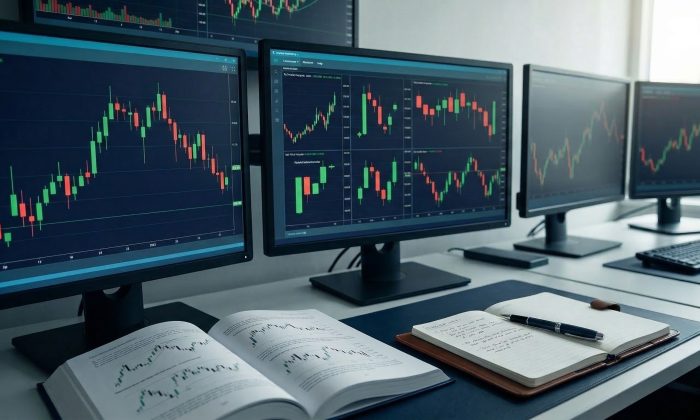 Mesa de trading profissional com gráficos candlestick em telas mostrando análise técnica day trade, livro de análise gráfica aberto, caderno de anotações e caneta para registro de operações