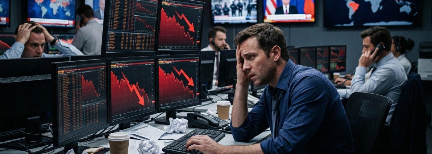 Gráficos de mercado em queda mostrando crise financeira de março 2026 quando Ibovespa despencou 3,28% em um dia durante guerra Irã - representando proteção de traders em mesas proprietárias