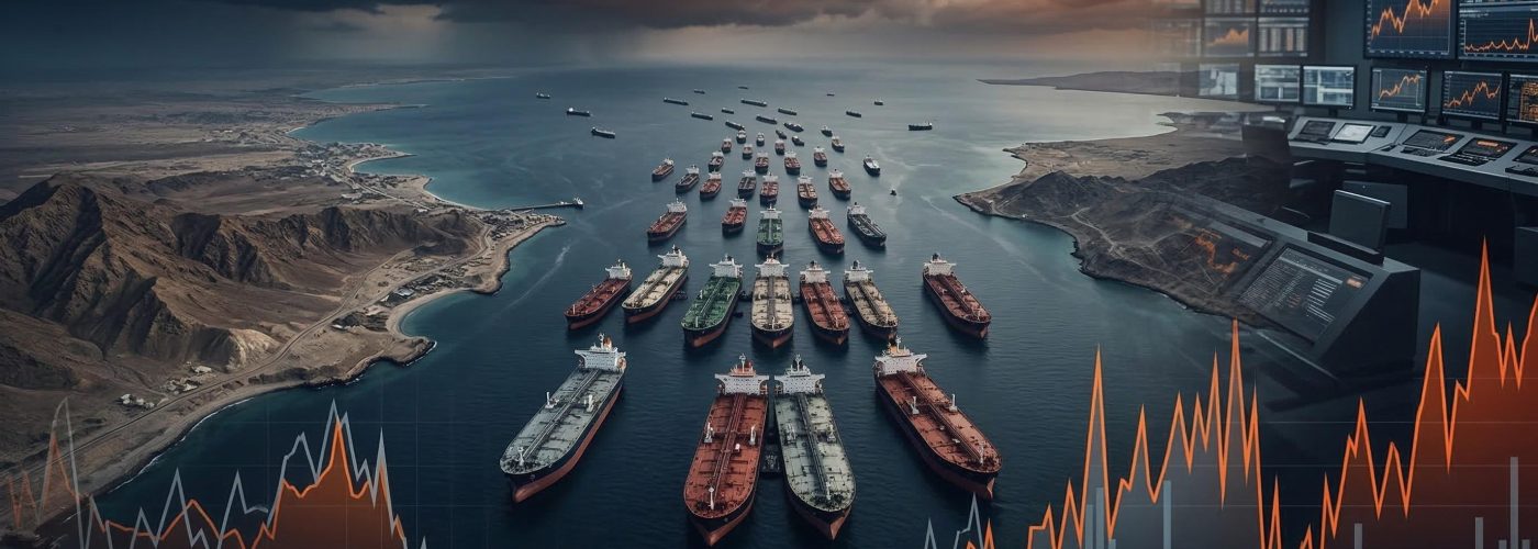 Crise geopolítica março 2026 mostrando Estreito de Ormuz bloqueado com petroleiros ancorados, petróleo Brent oscilando entre US$ 90-119 barril, gráficos volatilidade extrema day trade mesa proprietária