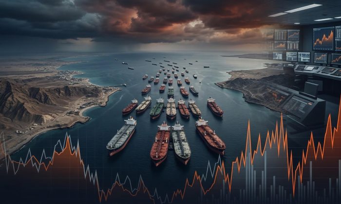 Crise geopolítica março 2026 mostrando Estreito de Ormuz bloqueado com petroleiros ancorados, petróleo Brent oscilando entre US$ 90-119 barril, gráficos volatilidade extrema day trade mesa proprietária