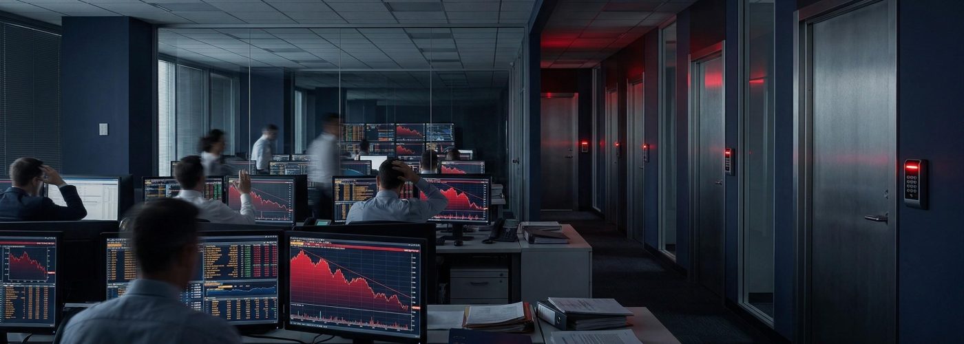 Crise de liquidez em ambiente corporativo com gráficos em queda e acesso bloqueado ao capital, representando diferença entre liquidez prometida e real