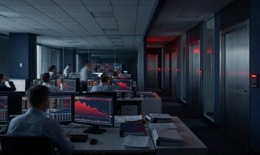 Crise de liquidez em ambiente corporativo com gráficos em queda e acesso bloqueado ao capital, representando diferença entre liquidez prometida e real