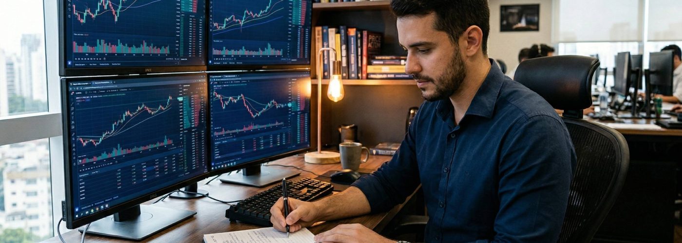 Homem jovem e profissional entre 28 e 33 anos sentado em uma mesa de trading proprietária com quatro monitores dispostos em configuração 2x2