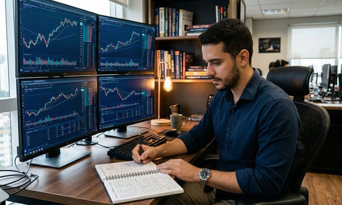 Homem jovem e profissional entre 28 e 33 anos sentado em uma mesa de trading proprietária com quatro monitores dispostos em configuração 2x2