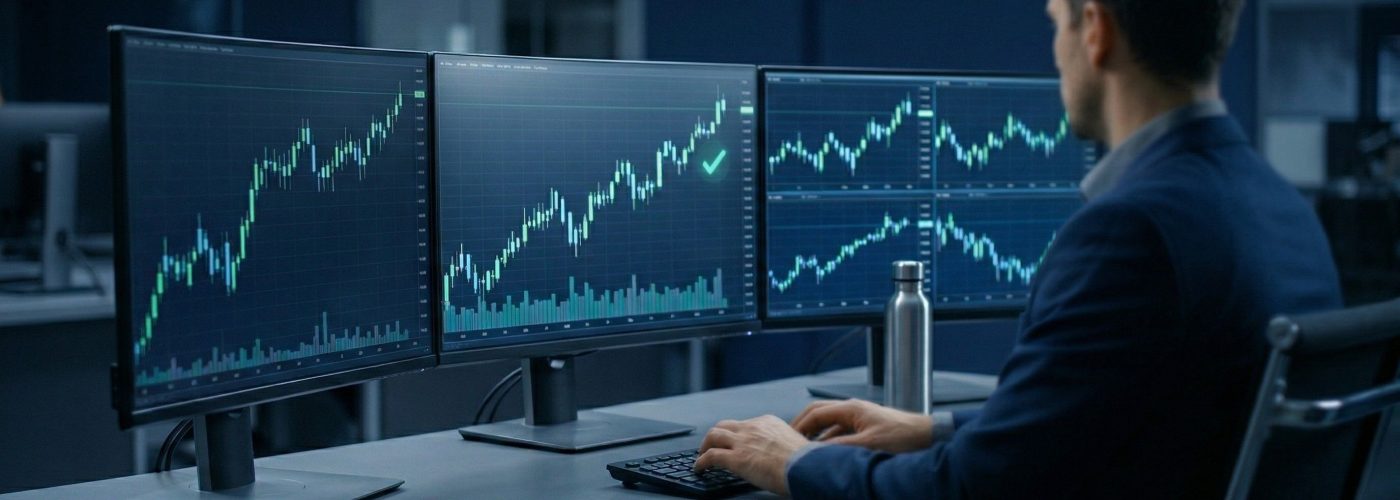 Trader profissional em mesa de operações focado em gráficos de aprovação em mesa proprietária — LVL Trading