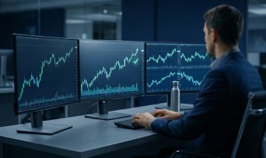 Trader profissional em mesa de operações focado em gráficos de aprovação em mesa proprietária — LVL Trading