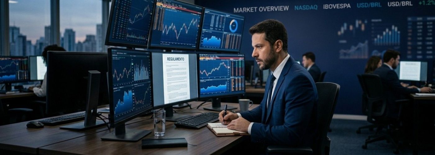 Trader profissional analisando regulamento de mesa proprietária no monitor para verificar se a empresa paga repasses de forma transparente