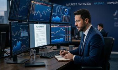 Trader profissional analisando regulamento de mesa proprietária no monitor para verificar se a empresa paga repasses de forma transparente