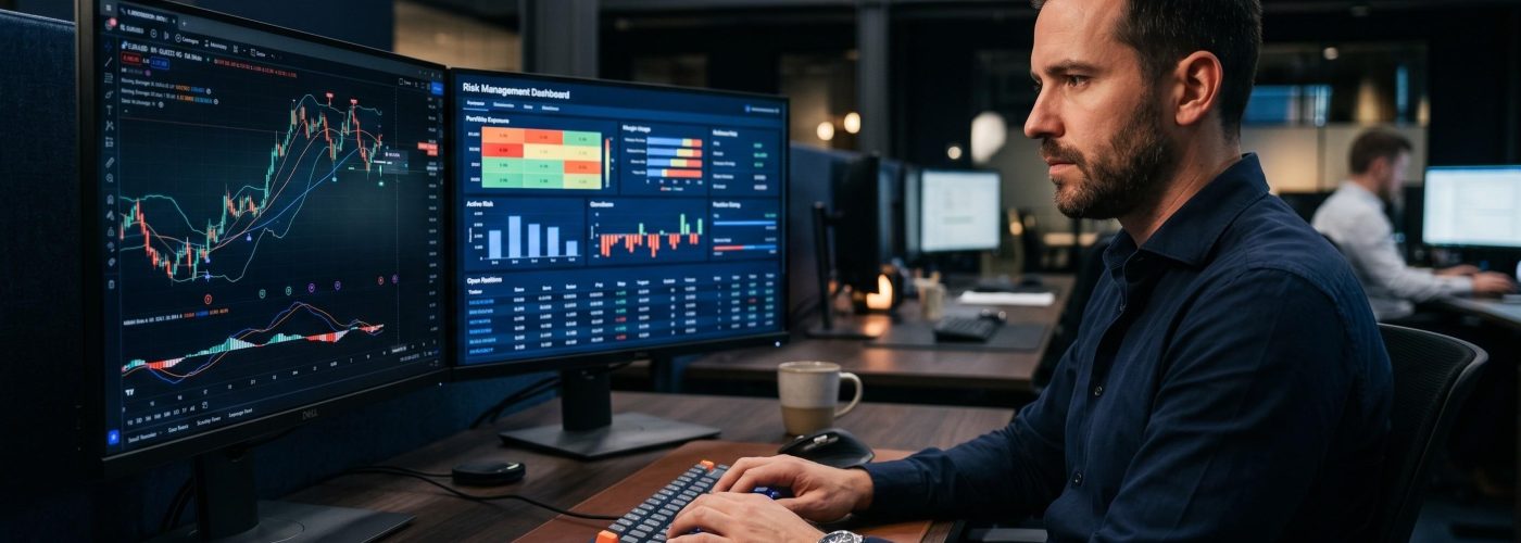 Trader monitorando operações automatizadas em mesa proprietária profissional