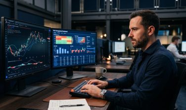 Trader monitorando operações automatizadas em mesa proprietária profissional