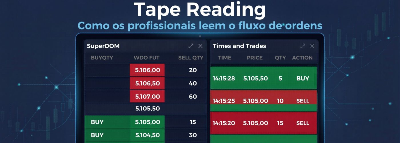 Tela de plataforma de trading com book de ofertas e times and trades para leitura de fluxo de ordens