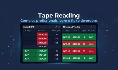 Tela de plataforma de trading com book de ofertas e times and trades para leitura de fluxo de ordens