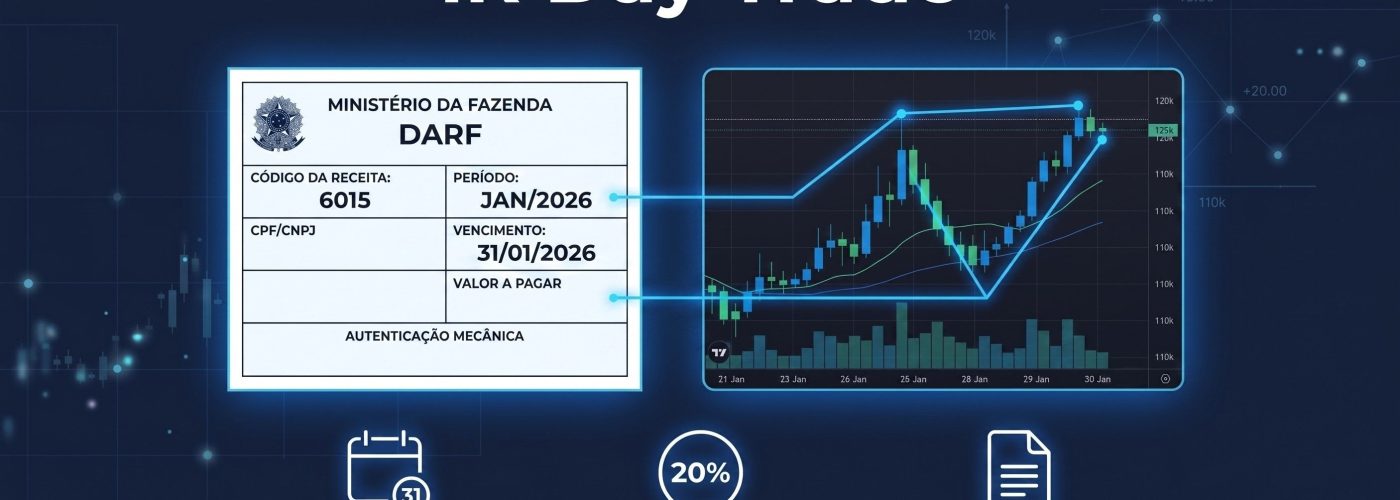 Ilustração mostrando um documento DARF e um gráfico de day trade conectados, representando a tributação de 20% sobre lucros em operações de day trade no Brasil.