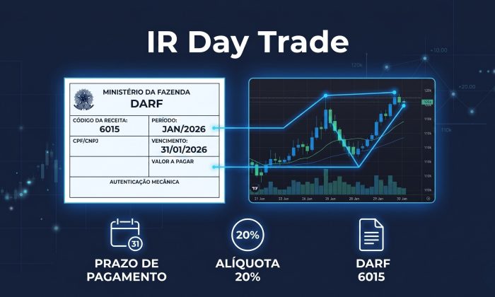 Ilustração mostrando um documento DARF e um gráfico de day trade conectados, representando a tributação de 20% sobre lucros em operações de day trade no Brasil.
